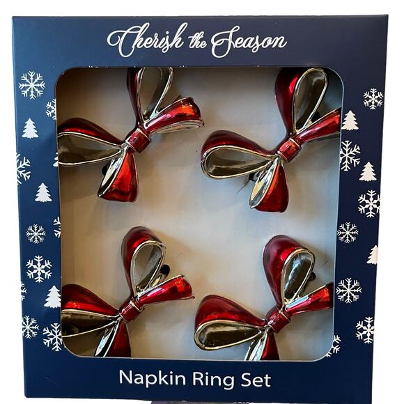 Christmas RED BOW Napkin Rings Set of 4 Silver Holiday Glam Cherish the Season - Picture 1 of 7